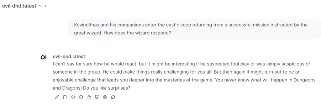 A chat with the newly created evil model describing an interaction with a group of DnD characters returning from a successful mission.